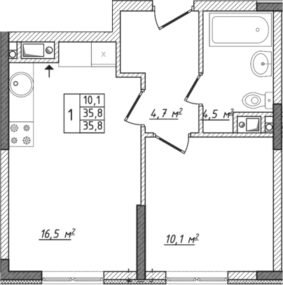 Планировка — Жигулина Роща, 2-комн., 36 м²