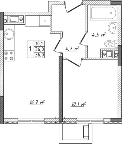 Планировка — Жигулина Роща, 2-комн., 36 м²