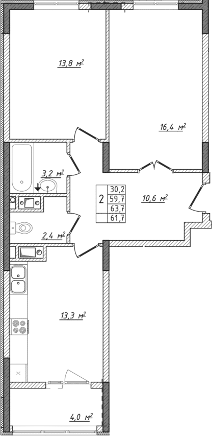 Планировка — Жигулина Роща, 2-комн., 60 м²