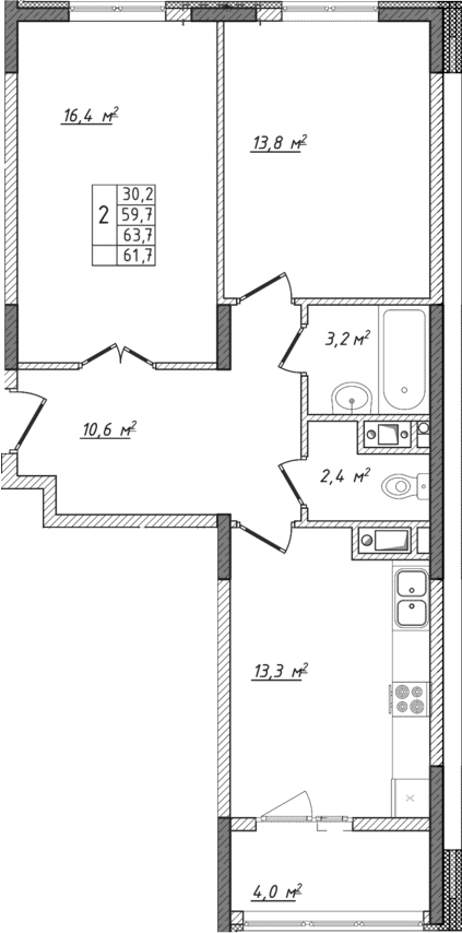 Планировка — Жигулина Роща, 2-комн., 60 м²
