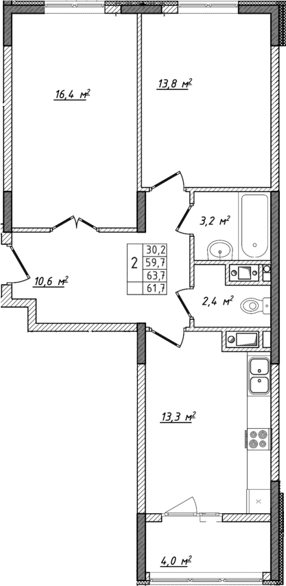 Планировка — Жигулина Роща, 2-комн., 60 м²