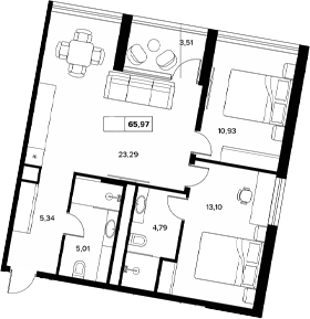Планировка — Гостиничный комплекс Белые ночи, 2-комн., 62 м²