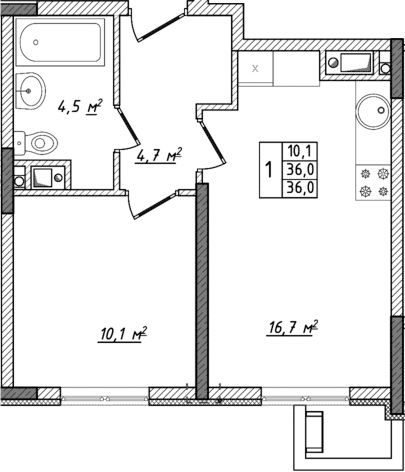 Планировка — Жигулина Роща, 2-комн., 36 м²
