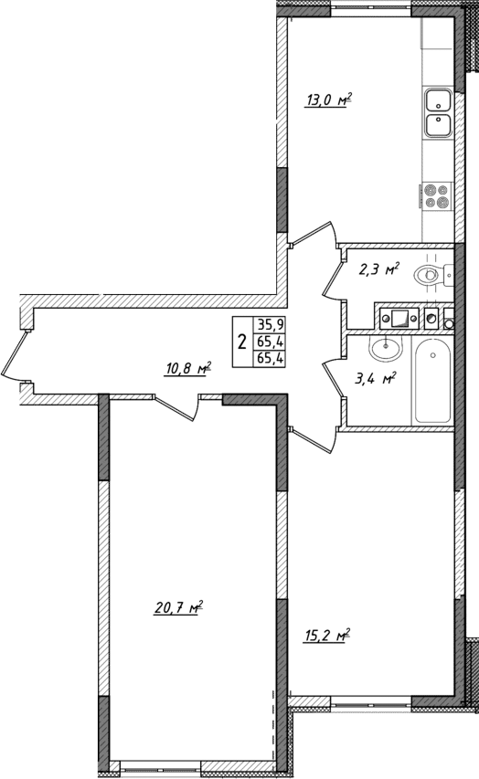 Планировка — Жигулина Роща, 2-комн., 65 м²