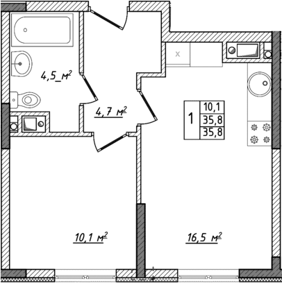 Планировка — Жигулина Роща, 2-комн., 36 м²