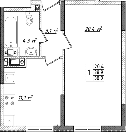 Планировка — Жигулина Роща, 1-комн., 39 м²