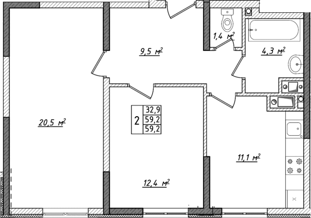 Планировка — Жигулина Роща, 2-комн., 59 м²