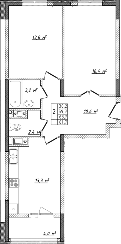 Планировка — Жигулина Роща, 2-комн., 60 м²