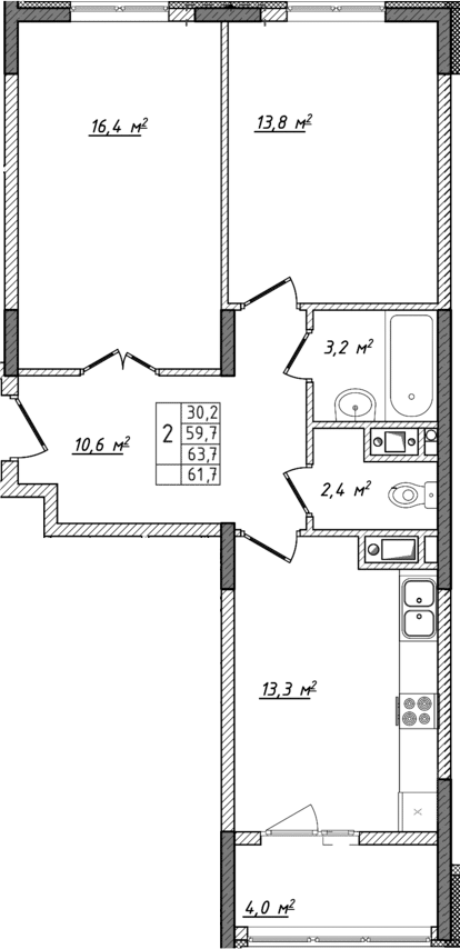 Планировка — Жигулина Роща, 2-комн., 60 м²