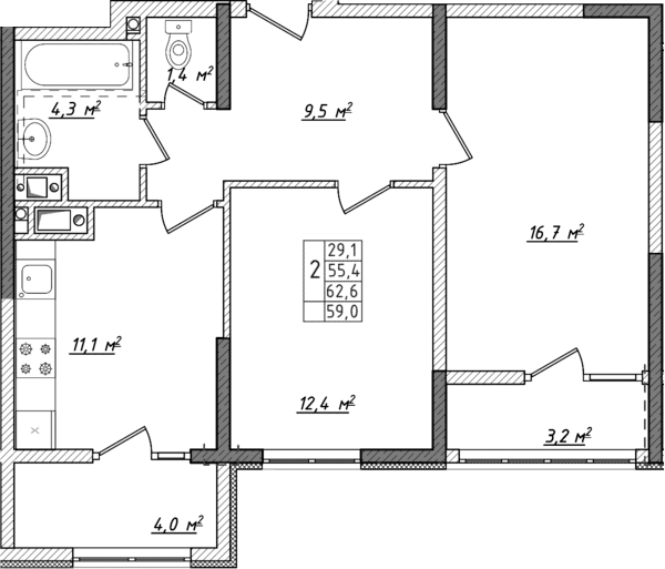 Планировка — Жигулина Роща, 2-комн., 52 м²