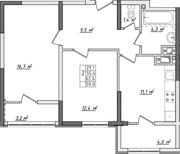 Планировка — Жигулина Роща, 2-комн., 52 м²