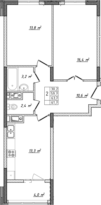 Планировка — Жигулина Роща, 2-комн., 60 м²
