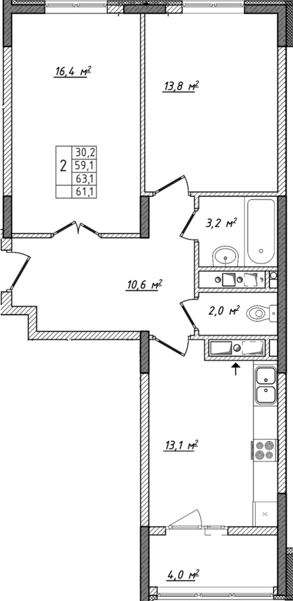 Планировка — Жигулина Роща, 2-комн., 59 м²