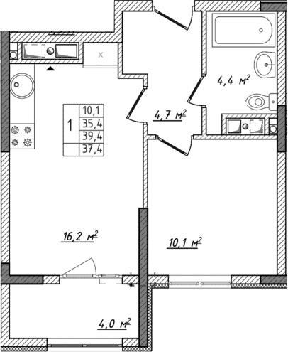 Планировка — Жигулина Роща, 2-комн., 35 м²