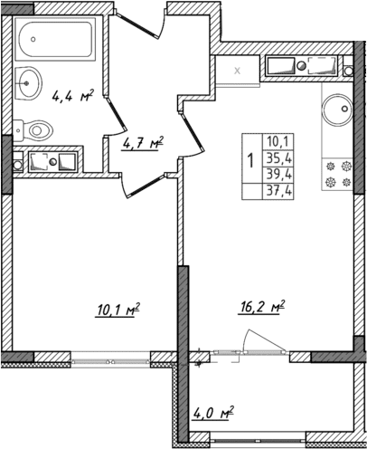 Планировка — Жигулина Роща, 2-комн., 35 м²