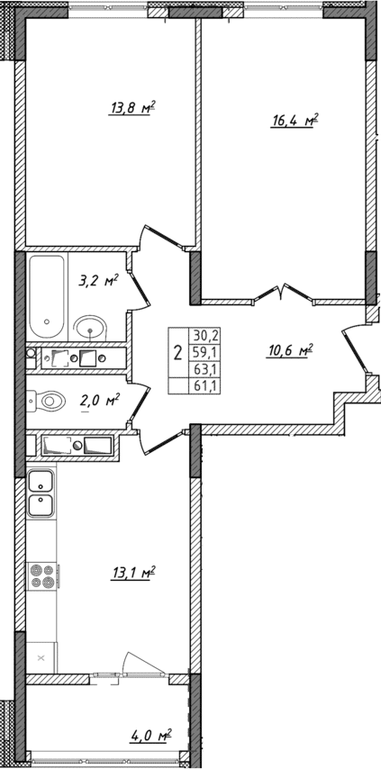 Планировка — Жигулина Роща, 2-комн., 59 м²