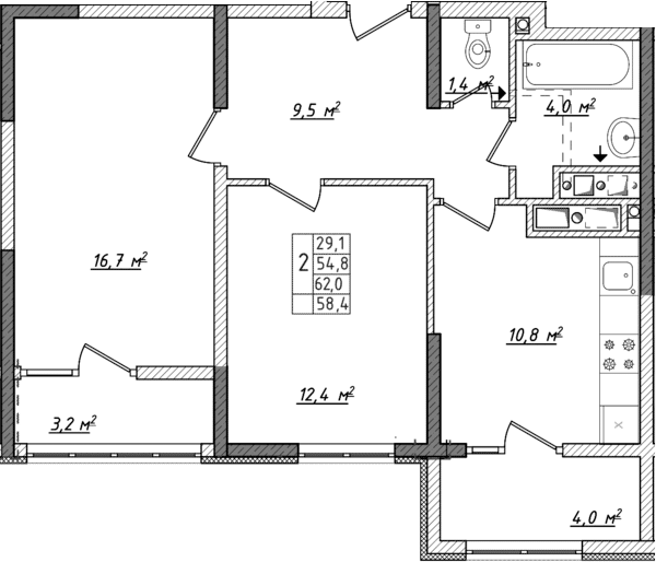 Планировка — Жигулина Роща, 2-комн., 51 м²