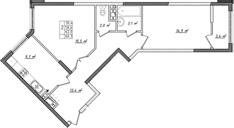Планировка — Жигулина Роща, 2-комн., 59 м²