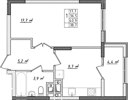 Планировка — Жигулина Роща, 1-комн., 34 м²