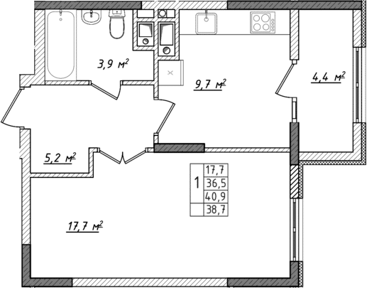 Планировка — Жигулина Роща, 1-комн., 34 м²