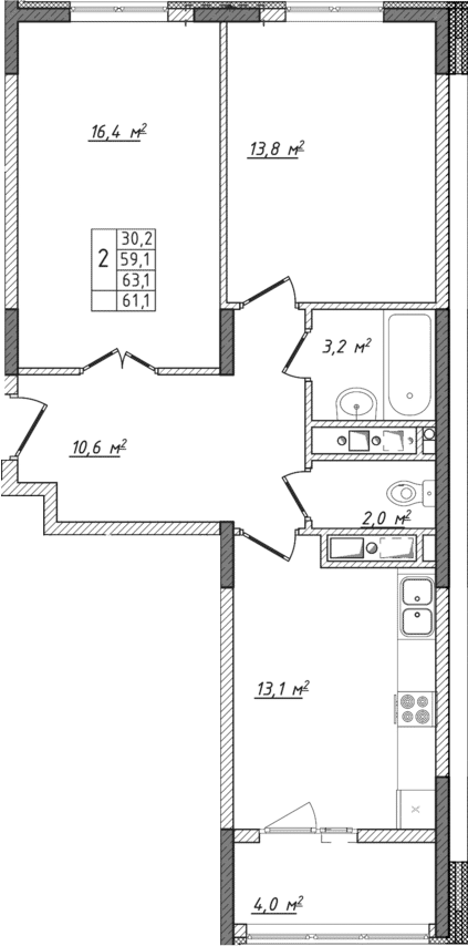 Планировка — Жигулина Роща, 2-комн., 59 м²