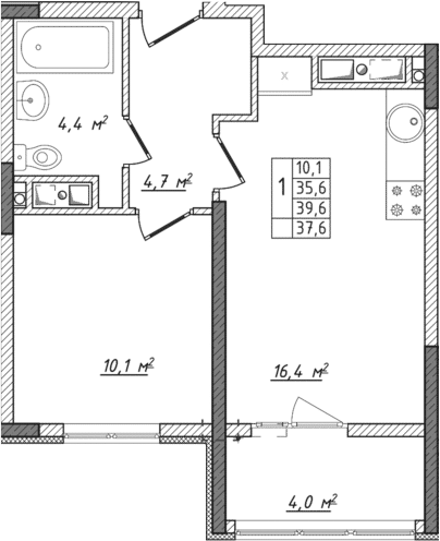 Планировка — Жигулина Роща, 2-комн., 36 м²