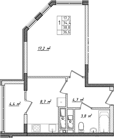 Планировка — Жигулина Роща, 1-комн., 32 м²