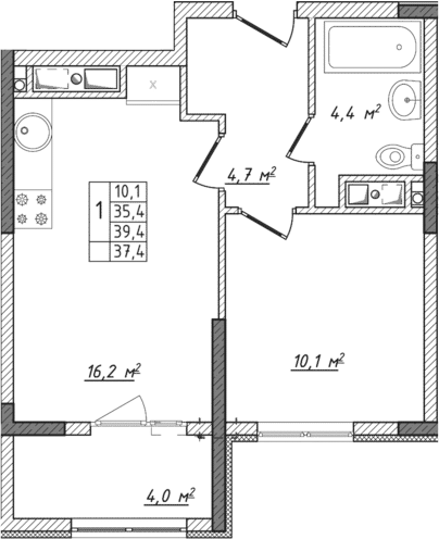 Планировка — Жигулина Роща, 2-комн., 35 м²