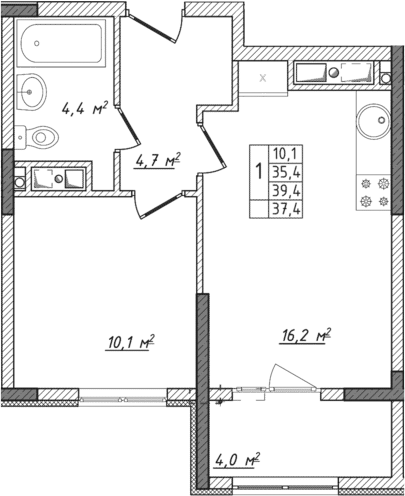 Планировка — Жигулина Роща, 2-комн., 35 м²