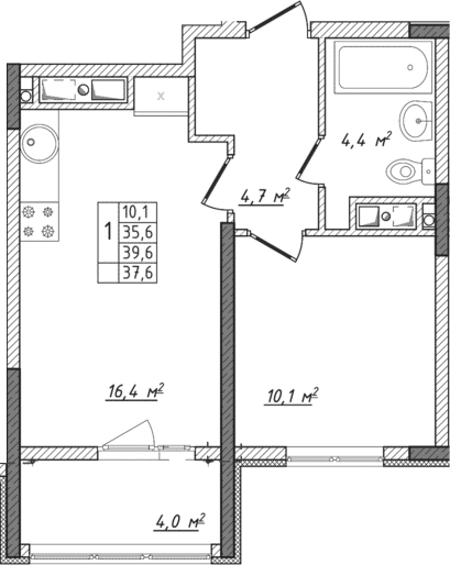 Планировка — Жигулина Роща, 2-комн., 36 м²