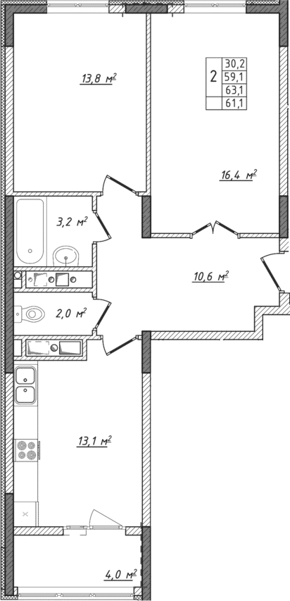 Планировка — Жигулина Роща, 2-комн., 59 м²
