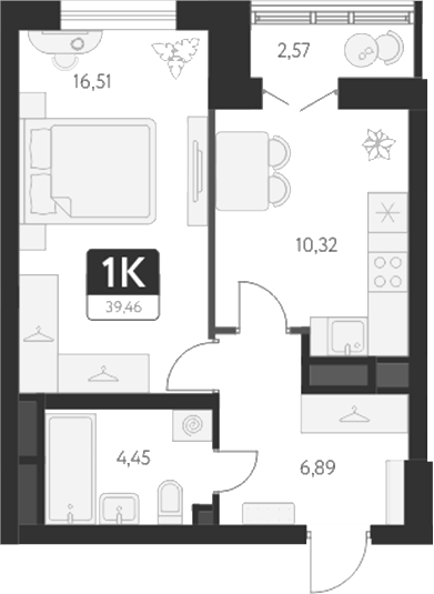 Планировка — Спутник-1, 1-комн., 38 м²