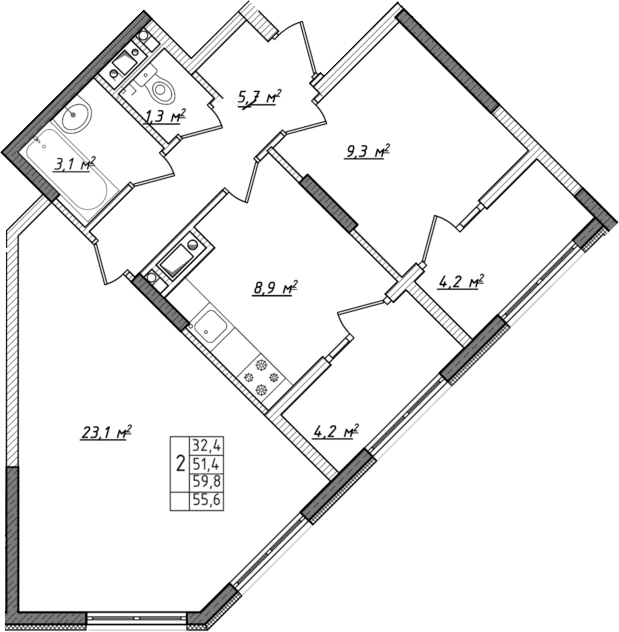 Планировка — Жигулина Роща, 2-комн., 51 м²