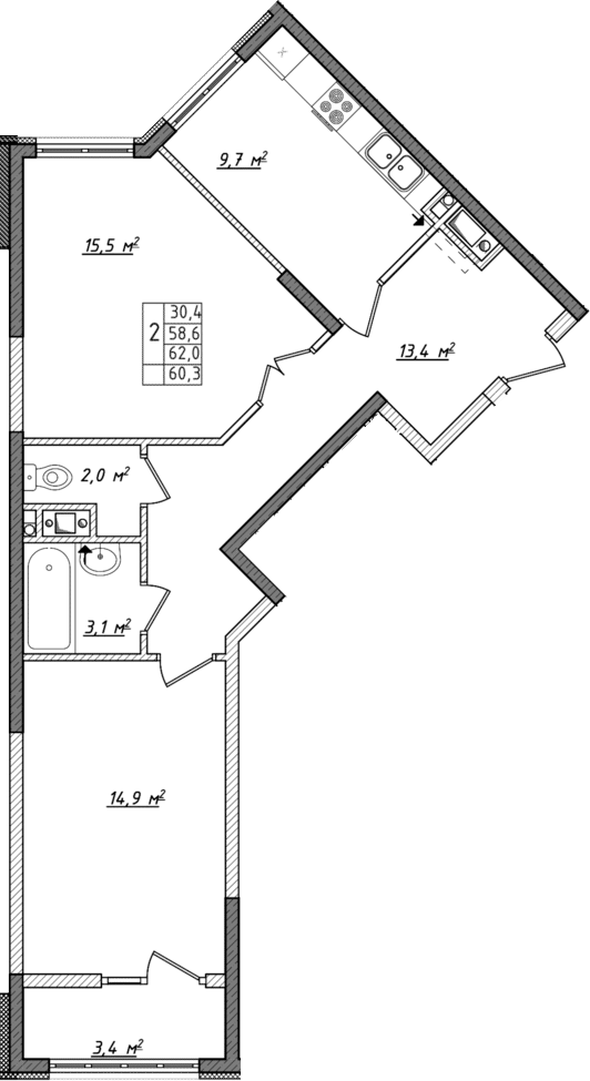 Планировка — Жигулина Роща, 2-комн., 59 м²