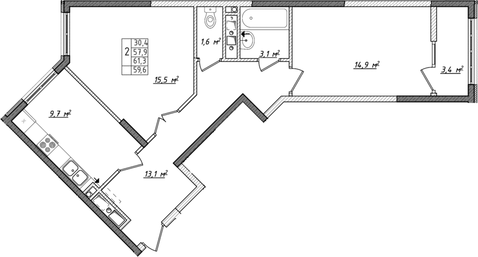 Планировка — Жигулина Роща, 2-комн., 58 м²