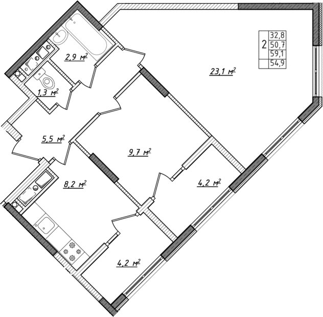 Планировка — Жигулина Роща, 2-комн., 51 м²