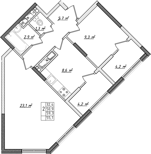 Планировка — Жигулина Роща, 2-комн., 51 м²