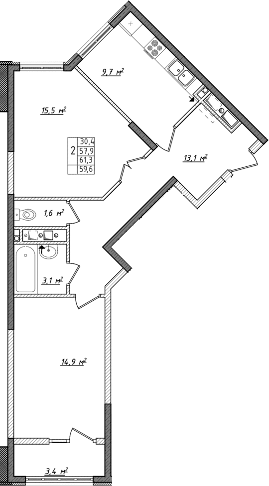 Планировка — Жигулина Роща, 2-комн., 58 м²