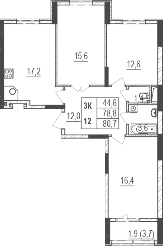 Планировка — Жигулина Роща, 4-комн., 79 м²