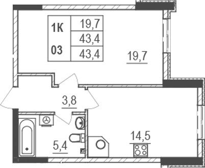 Планировка — Жигулина Роща, 1-комн., 43 м²