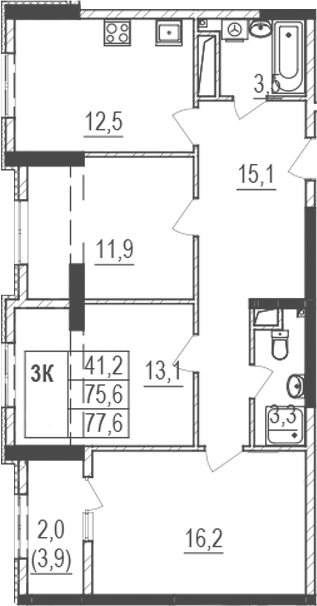 Планировка — Жигулина Роща, 3-комн., 76 м²