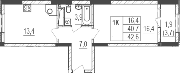 Планировка — Жигулина Роща, 1-комн., 41 м²