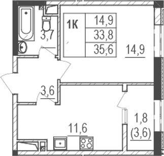 Планировка — Жигулина Роща, 2-комн., 34 м²