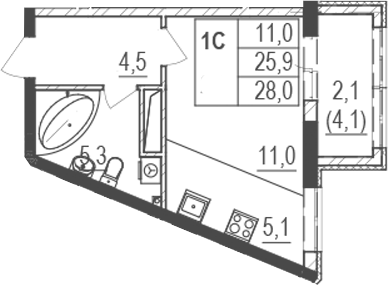 Планировка — Жигулина Роща, Студия, 26 м²