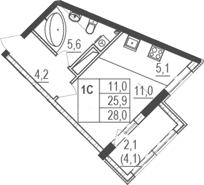Планировка — Жигулина Роща, Студия, 26 м²