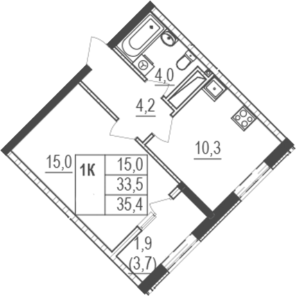 Планировка — Жигулина Роща, 1-комн., 34 м²
