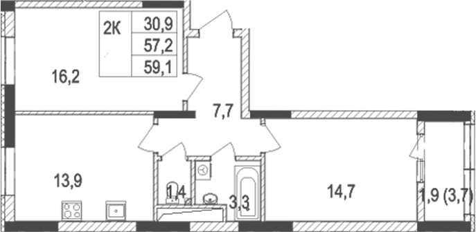 Планировка — Жигулина Роща, 2-комн., 57 м²