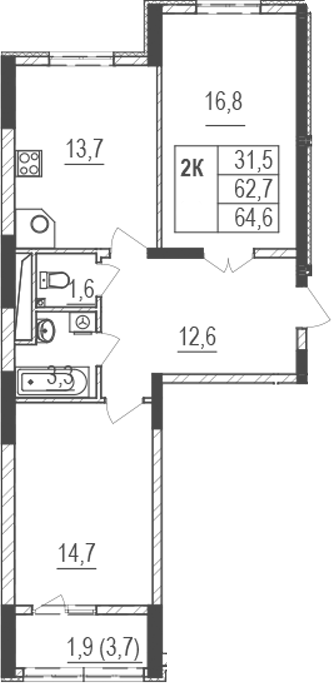 Планировка — Жигулина Роща, 2-комн., 63 м²