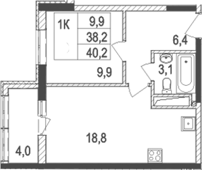 Планировка — Жигулина Роща, 2-комн., 38 м²