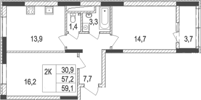 Планировка — Жигулина Роща, 2-комн., 57 м²